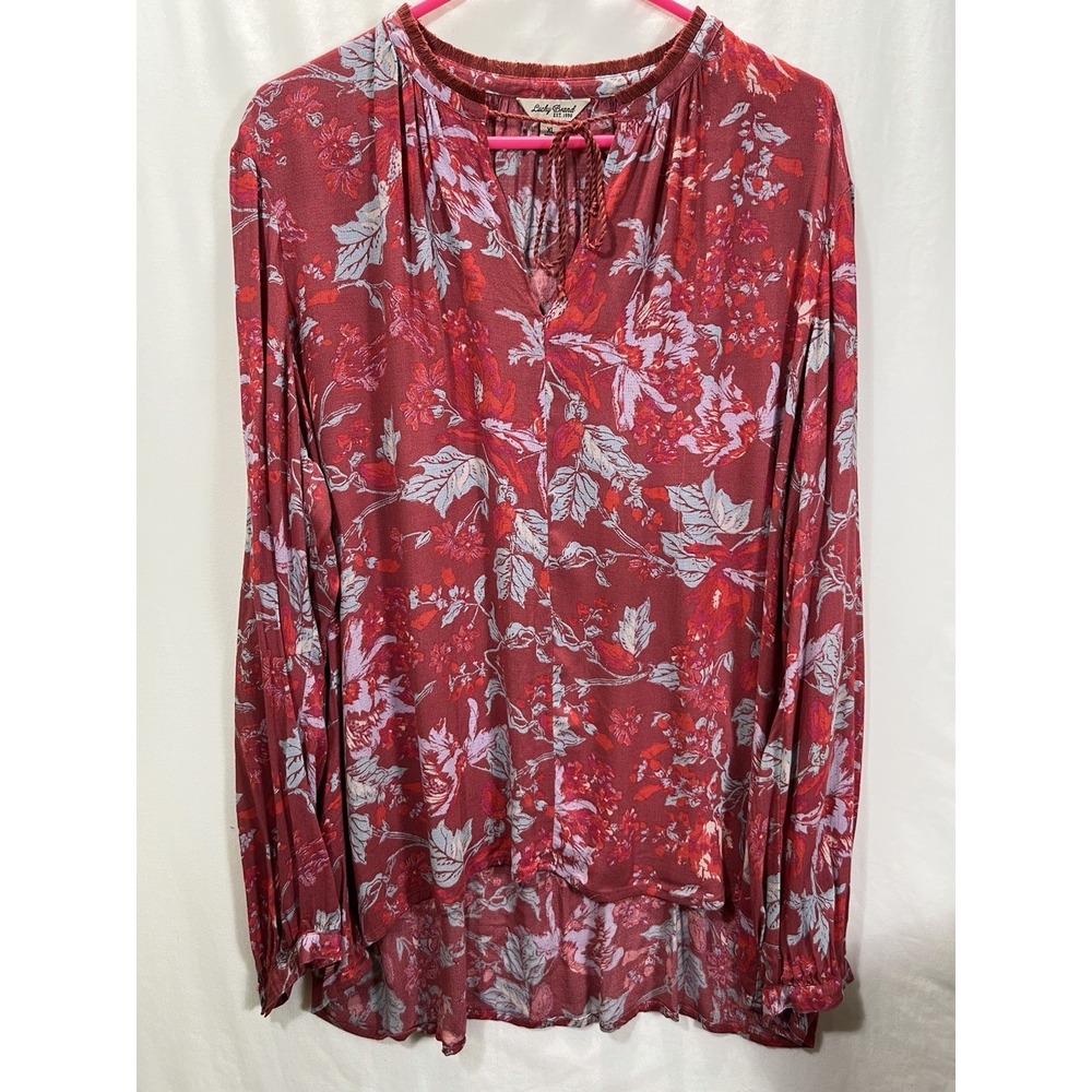 Lucky Brand Women's XL Red floral Print Long Sleeve Tie Neck Tunic Blouse